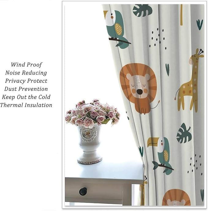 Cute Lion Window Curtains for Kids Bedroom,Cartoon Woodland Jungle Forest Wildlife Little Lion Giraffe Owl Palm Tree Printed Pattern Blackout Drapes for Living Room Baby Nursery Room 84x84in