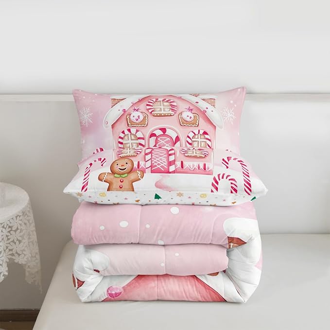 Feelyou Gingerbread Man Comforter Set Twin Size Gingerbread House Bedding Set for Kids Boys Girls Candy Canes Duvet Quilt Pink Christmas Scheme Bedroom Decor Snowflake 2 Pcs with 1 Pillow Cases