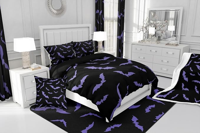 Erosebridal Happy Halloween Comforter Set with 1 Pillow Case Dark Purple Gothic Bats Quilt Toddler Size for Kids Boys Black Spooky Cartoon Gothic Bedding Set