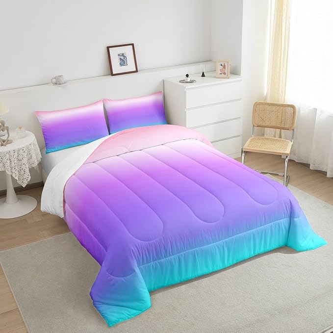 Feelyou Pink Purple Blue Comforter Queen Size, Rainbow Ombre Bedding Set Kids Toddler Colorful Gradient Comforter Set for Boys Girls Colorful Duvet Set Durable Bed Set 3Pcs