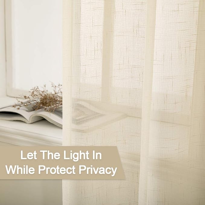 MIULEE 2 Panel 108 Inch Natural Light Beige Linen Semi Sheer Window Curtains Elegant Solid Drapes Grommet Top Window Voile Panels Linen Textured Panels for Sliding Door Living Room (52" W X 108" L)