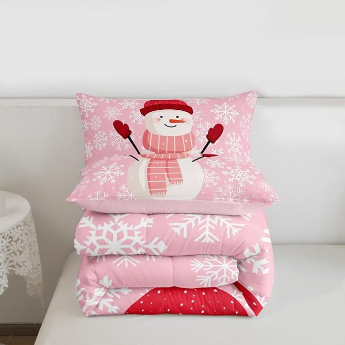 Feelyou Christmas Bedding Set Soft for Boys Girls, Snowman Pink Comforter Set King Size Xmas Snowflakes Duvet Quilt Microfiber Winter Snow Bedroom Decor 3 Pcs with 2 Pillow Cases