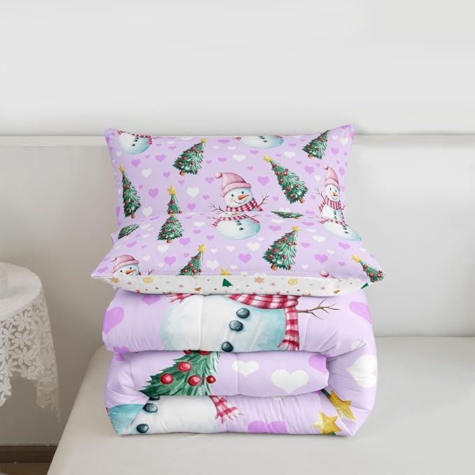 Feelyou Merry Christmas Bedding Set Soft for Boys Girls, Cute Snowman Comforter Set Toddler Size Christmas Tree Duvet Quilt Microfiber Love Hearts 2 Pcs with 1 Pillow Cases