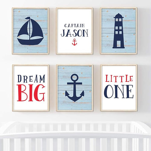 Andaz Press Personalized Ocean Nautical Sailor Theme Nursery Kids Bedroom Hanging Wall Art Decor, 8.5x11-inch, Rustic Blue Wood, Boat, Anchor, 6-Pack, Custom Name Unframed Room Poster