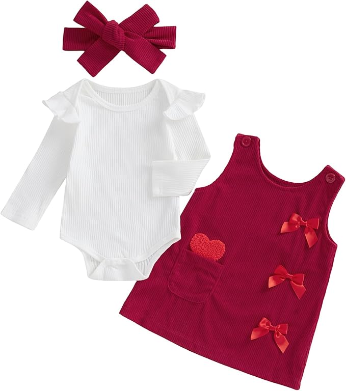 FIOMVA My First Valentines Day Outfit Clothes Baby Girl Romper Love Onesie Heart Embroidery Overalls Suspender Dress Set