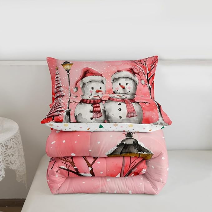 Feelyou Christmas Bedding Set Soft for Boys Girls, Pink Watercolor Snowman Comforter Set Queen Size Xmas Winter Duvet Quilt Microfiber Snowflake Bedroom Decor 3 Pcs with 2 Pillow Cases
