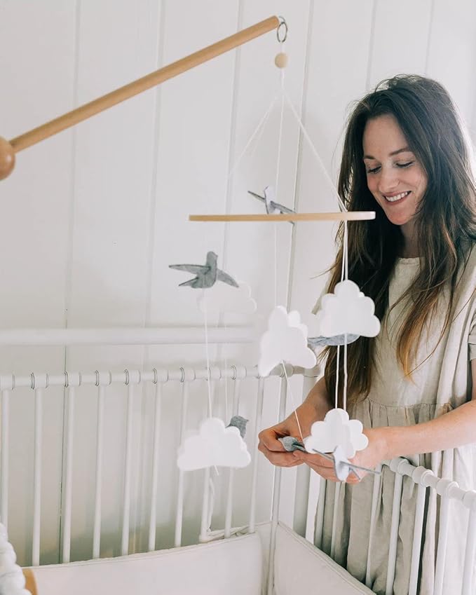 Baby Crib Mobile (Birds and Clouds) - Nursery Decor Ceiling Mobile for Boys & Girls - Crib Accessories - Grey & White