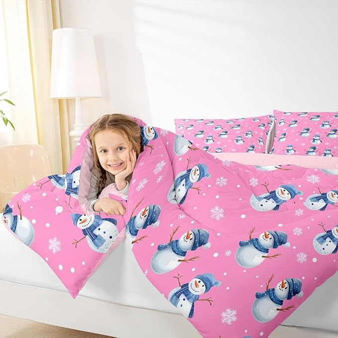 jejeloiu Kids Cute Winter Snowman Comforter Set Queen Size Pink Christmas Theme Bedding Set for Boys Girls Teens Xmas Snowflake Happy New Year Duvet Quilt Room Decor