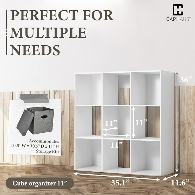 CAPHAUS 11-Inch Cube Storage Organizer Shelf, Home Storage Shelf Divider w/Back, 9-Cube Storage Bookcase, White