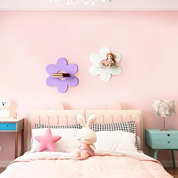 Cute Shelf Pink Floating Shelves, 2Pcs Flower Shaped Green Floating Shelves Display Daisy Decor for Bathroom Livingroom Bedroom Shelves (Purple White)