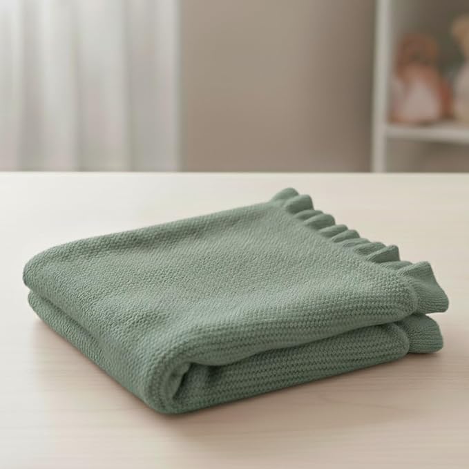 Cotton Baby Blanket with Ruffle Edge Soft Breathable Newborn Blanket for Boys & Girls, Lightweight Knit Throw for Crib, Stroller & Nursery Multiple Colors Available Sage Green 28x36