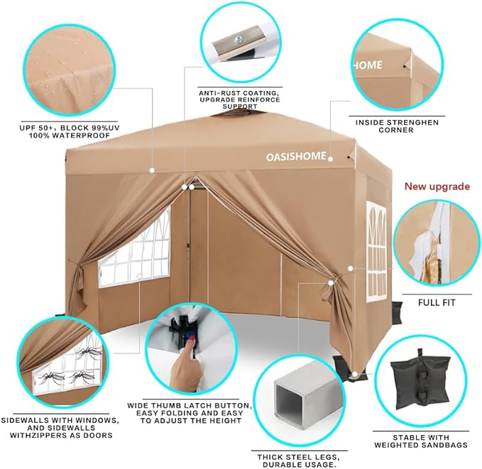OASISHOME Pop-up Gazebo Instant Portable Canopy Tent 10'x10', Bag, for Patio/Outdoor/Wedding Parties and Events (Khaki, 10X10)