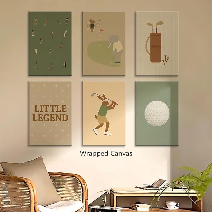 Golf Canvas Wall Art, Baby Boy Nursery Sports Posters, Animal Athletes Elephant Rabbit Pictures, Little Legend Charming Quote Print, Kids Bedroom Golf Course Wall Decor 12x16in Unframed