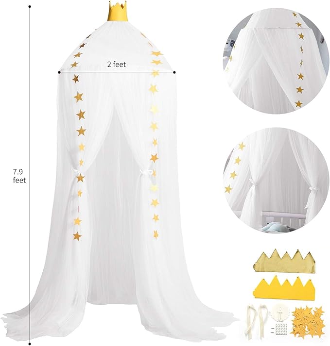 Princess Bed Canopy for Girls and Kids Hanging Mosquito Net for Baby Crib Nook Castle Game Tent Nursery Play Room Decor(White)