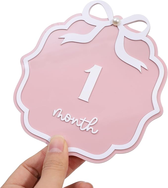 Pink Acrylic 1 to 12 Months Milestone Cards - Little Princess First Year Photo Props,Double Sided Monthly Growth Record Sign,Newborn 1st Birthday Milestone Board,Bow Nursery Decorations