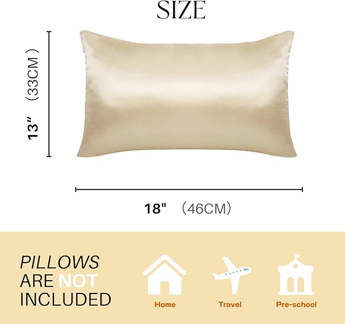 Silky Satin Toddler Pillowcases Set of 2, Super Soft Travel Pillow Covers, Small Kids Pillow Cases with Envelope Closure, 13"x 18", Champagne