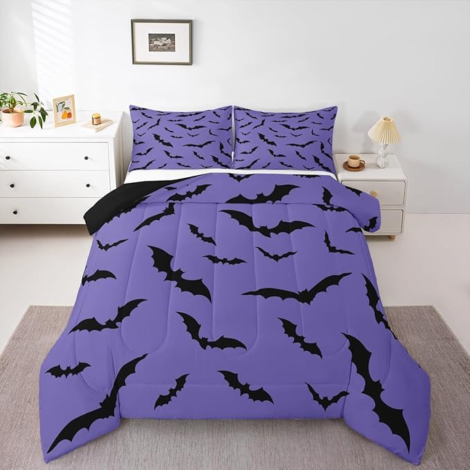 Erosebridal Purple Halloween Bedding Set Spooky Bats Comforter Set King Size,Horror Halloween Decorations Quilt for Kids Boys Girls Adults Gothic Flying Bat Silhouette Duvet Insert,Goth Bedroom Decor