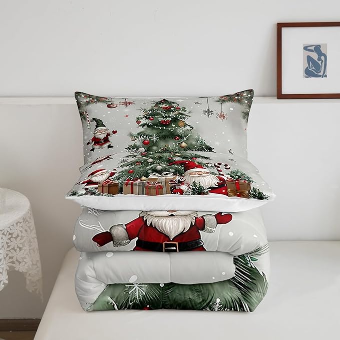 Merry Christmas Comforter Set Twin Size,Christmas Tree Snowflake Bedding Set for Kids Boys Girls Room Decor,Santa Claus X'Mas Theme Quilt Set 2Pcs,Star Polka Dot Glitter Duvet Insert,1 Pillowcase