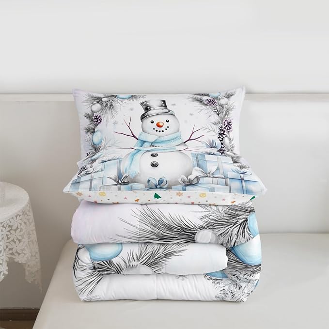 Feelyou Merry Christmas Kids Comforter Set Full Size Cute Snowman Bedding Set Duvet Quilt for Kids Boys Girls Bedroom Snowflake Decor Microfiber Ultra Soft Breathable