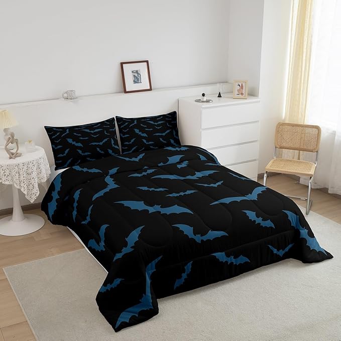 Erosebridal Halloween Decor Bedding Set for Kids Boys Youth Turquoise Bats Comforter Set Twin Size Gothic Spooky Quilt Happy Holiday Style Duvet Insert with 1 Pillow Case,Black