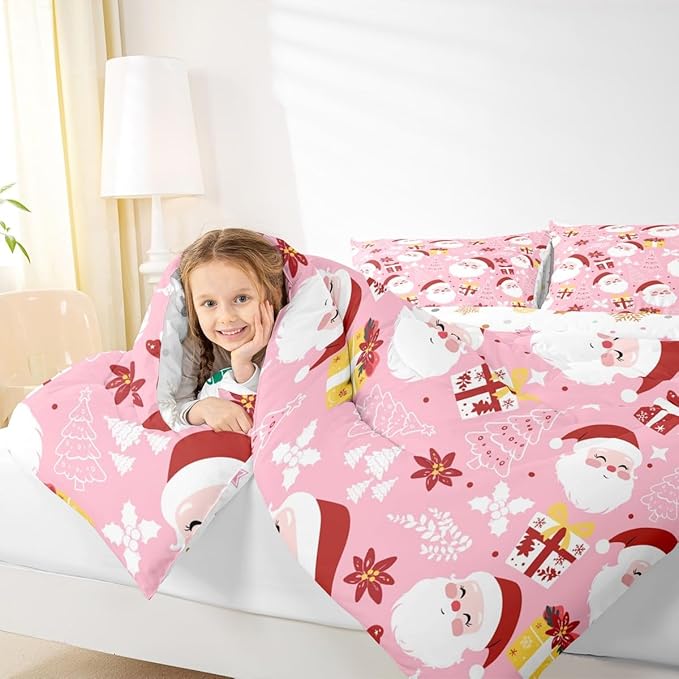 jejeloiu Santa Claus Comforter Set King Size Merry Christmas Bedding Set for Kids Boys Girls Xmas Themed Duvet Quilt Pink Bedroom Decor