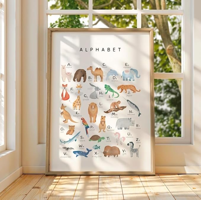 OZCONO Animal Alphabet Learning Poster, Vibrant ABC Wildlife Chart Kids, Playroom Wall Decor Art, Homeschool Education Guide (Unframed) (16x24)