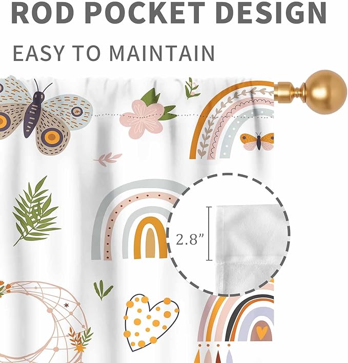 Boho Rainbow Curtains for Girls Bedroom, Bohemian Cute Lovely Butterfly Floral Rainbow Print Pastel Baby Kids Girls Bedroom Living Room Nursery Playroom Classroom Curtains for Windows, 84"x84" Inch