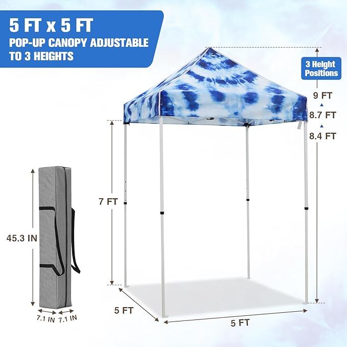 EAGLE PEAK 5x5 Pop Up Canopy Tent Instant Outdoor Canopy Easy Set-up Straight Leg Folding Shelter, Tie Dye Blue