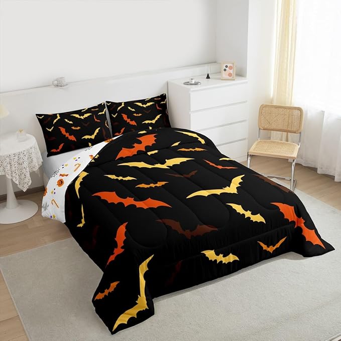 Erosebridal Bat Comforter Set for Kids Halloween Quilt Bats Animal Silhouette Bedding Set King Size Happy Holiday Gothic Style Bedding Comforter Sets with 2 Pillow Cases,Yellow and Orange