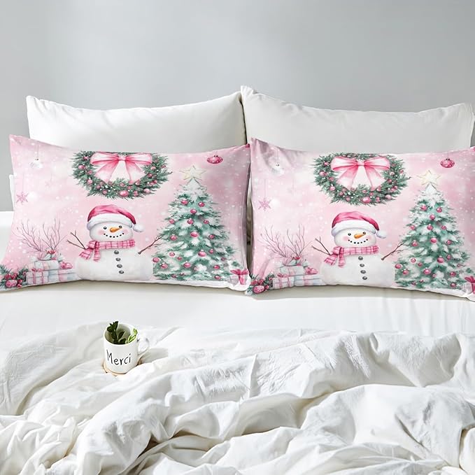 Manfei Christmas Kids Duvet Cover Set Twin Size, Cute Snowman Xmas Tree Bedding Set for Boys Girls Adults, Pink Bowknot Xmas Comforter Cover, Soft Polyester Quilt Cover, 1 Pillowcase, No Comforter