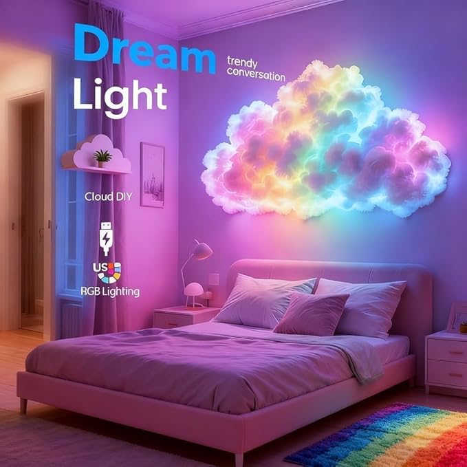 LED Cloud Light with Music Rhythm,DIY USB-Powered Thundercloud LED Light Decor for Bedroom & Gaming Room - USB Powered,Vibrant Glow, No Drill Roof for Christmas/New Year Gifts (19.6ft)