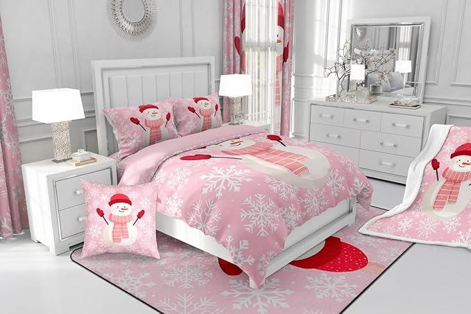 Feelyou Christmas Bedding Set Soft for Boys Girls, Snowman Pink Comforter Set Queen Size Xmas Snowflakes Duvet Quilt Microfiber Winter Snow Bedroom Decor 3 Pcs with 2 Pillow Cases