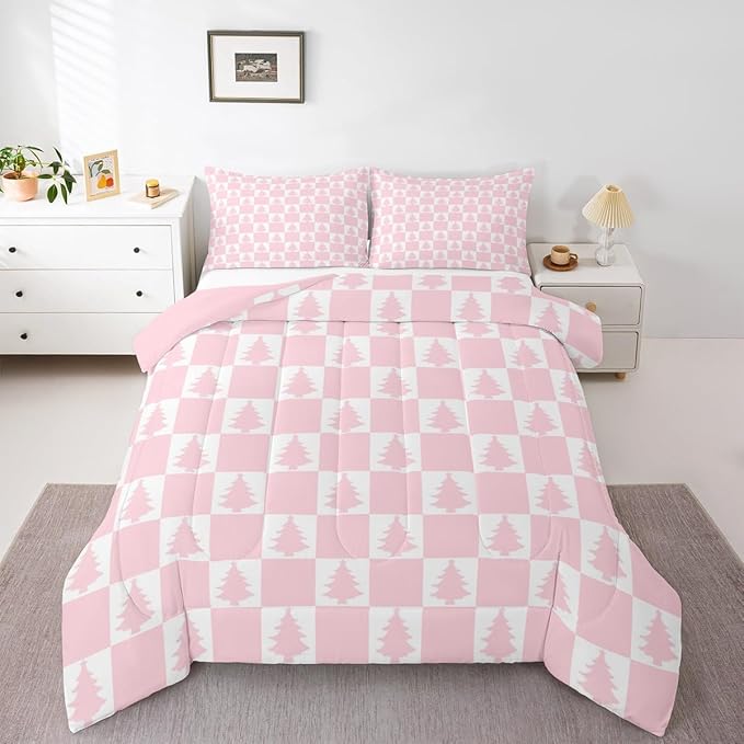 Feelyou Christmas Bedding Set Soft for Boys Girls, Checkered Comforter Set Full Size Christmas Tree Duvet Quilt Microfiber Xmas Decorations Bedroom Decor Pink 3 Pcs with 2 Pillow Cases