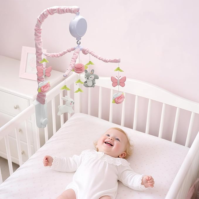 Baby Crib Mobile for Girls, Soft Knitted Woodland Characters Rabbit Squirrel, Pink and White Nursery Decor, Calming Soother with 12 Lullabies Essential and Perfect Gift for Girls