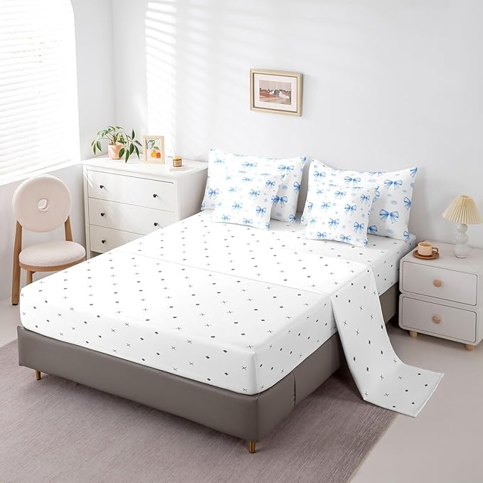 7 Pieces Blue Bowknot Kids Comforter Queen Size,Geometric Dots Bow Tie Patchwork Romantic Bedding Set,Bow Knot Princess Cute White Chic（Comforter+Fitted+Flat+2 Pillowcases+2 Throw Pillow Covers）