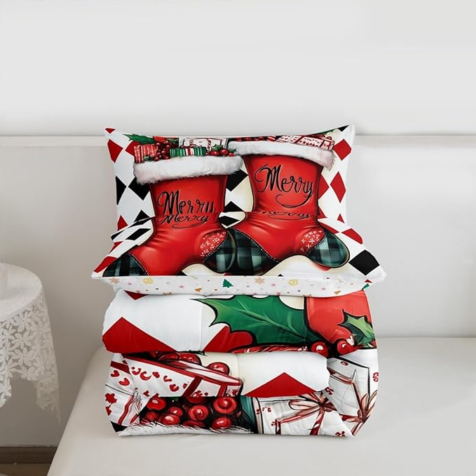 Feelyou Merry Christmas Comforter Set Queen Size Cartoon Shoes Bedding Set for Kids Boys Girls Duvet Quilt Winter Bedroom Decor Microfiber 3 Pcs with 2 Pillow Cases