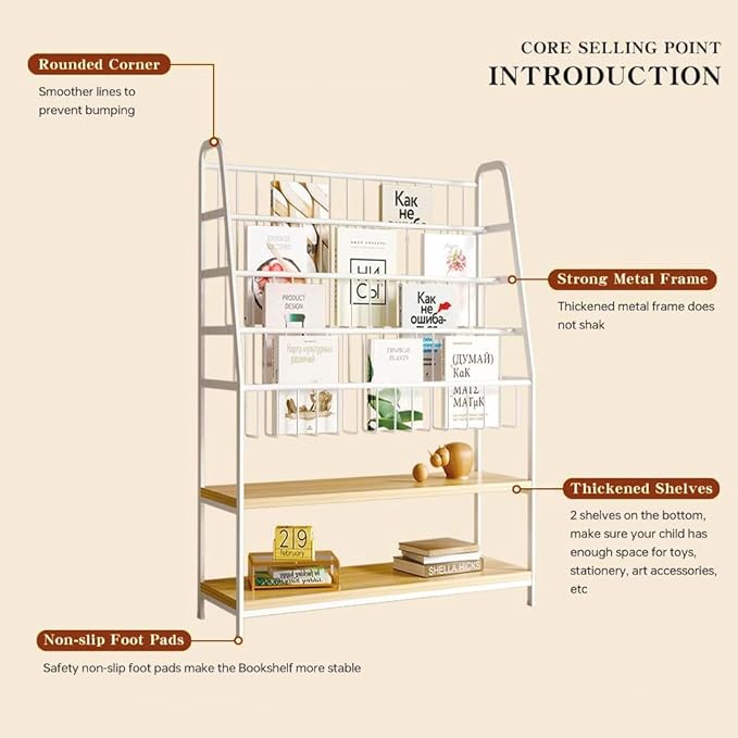 Metal Kids Bookshelf and Toy Storage Organizer,6 Tier Childrens Bookcase,Magazine Rack Floor, Book Shelf for Kids Rooms Classroom Nursery Living Room Office (White, L:31.5")