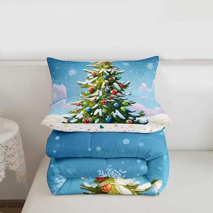 Feelyou Christmas Bedding Set Soft for Boys Girls, Xmas Tree Comforter Set Full Size Christmas Tree Ornaments Duvet Quilt Microfiber Winter Snowflake Bedroom Decor 3 Pcs with 2 Pillow Cases
