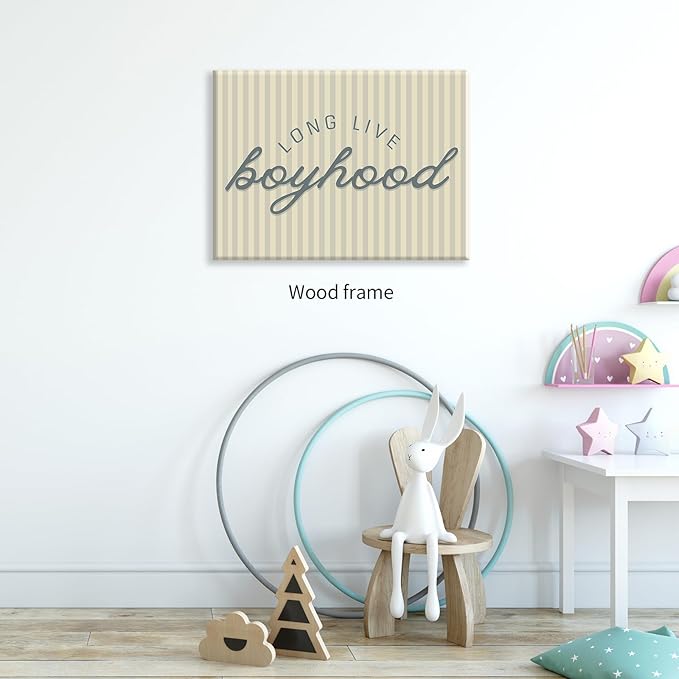 Long Live Boyhood Quote Wall Art Preppy Blue Stripe Poster 24x36 inch Framed Modern Fashion Minimalist Canvas Prints for Boy Nursery Bedroom Wall Decor