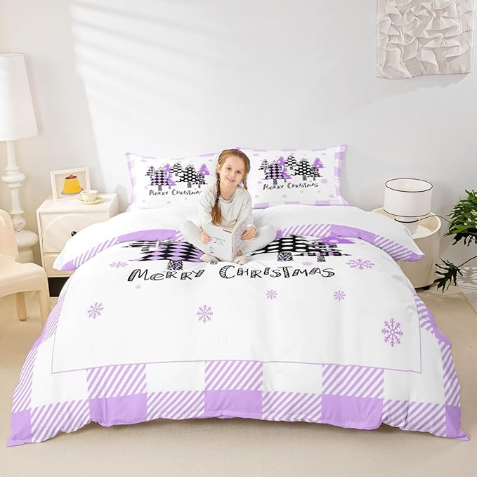 Manfei Xmas Trees Duvet Cover Set Twin Size, Purple Plaid Grid Snowflake Bedding Set for Kids Girls Bedroom Decor, Christmas Theme Comforter Cover New Year Quilt Cover with 1 Pillowcase, No Comforter