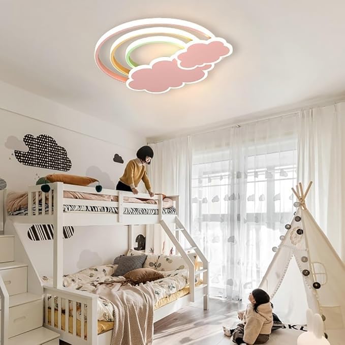 LED Pink Ceiling Light Modern Cartoon Children's Room Dimmable Ceiling Light with Remote Control Nordic Children's Room Blue Cloud Rainbow Night Light for Bedroom Baby Room Boys Girls Room