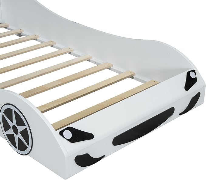 Twin Size Race Car-Shaped Platform Bed with LED and Upholstered Backrest, Solid Wood Upholstered Car Bed Frame with 2 Seats for Kids Boys Girls Bedroom (White-31U)