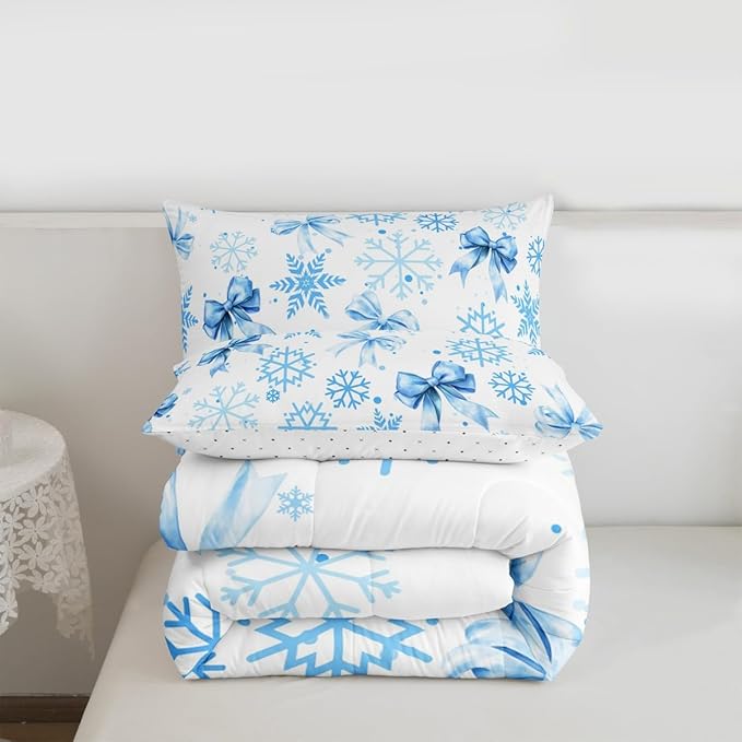 Lovely Bowknot Kids Bedding Set King Size,Dreamy Bowknot Dots Snowflake Comforter Set,Winter Merry Christmas Girly Quilt Comforter,Blue White Bedroom Duvet Insert,2 Pillowcases
