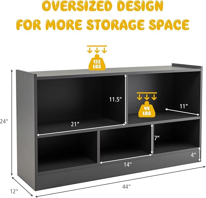 Costzon Toy Storage Organizer for Kids, 5-Section School Classroom Storage for Organizing Books Toys, Wooden Kids Bookshelf Daycare Furniture for Preschool, Playroom, Nursery, Kindergarten (Dark Gray)