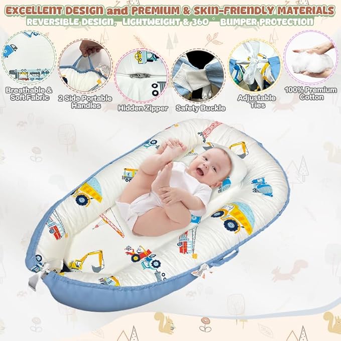 JIFTOK Baby Nests Lounger for Newborn, Snuggle Bassinet for 0-24M, Breathable Portable Co Bed, Baby Essentials Adjustable Infant Soft Cotton Loungers for Home & Travel -Car