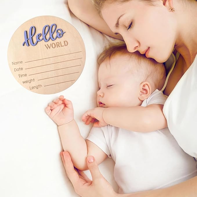 Baby Announcement Sign, 5.9 Inch Wooden Hello World Newborn Signs, Birth Announcement Sign, Baby Shower Hospital Nursery for Newborn Boys and Girls (Cashmere Blue)