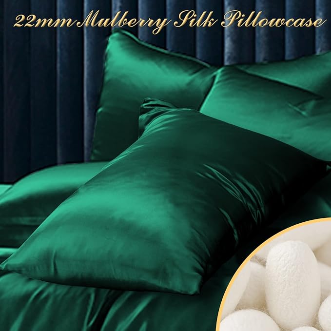 100% Mulberry Silk Pillowcase 2 Pack for Hair and Skin,with Hidden Zipper,Both Sides 22 Momme Natural Silk Pillow Cover,Soft Breathable & Smooth (Dark Green, Queen)