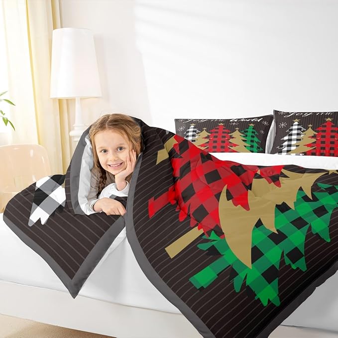 Christmas Kids Comforter Set Twin Size,Plaid Pine Trees Snowflake Bedding,Girls Boys Adults Bedroom/Xmas Cabin Decor,Geometric Lines Stylish Down Comforter,Rustic Colorful Duvet Insert,1 Pillowcase