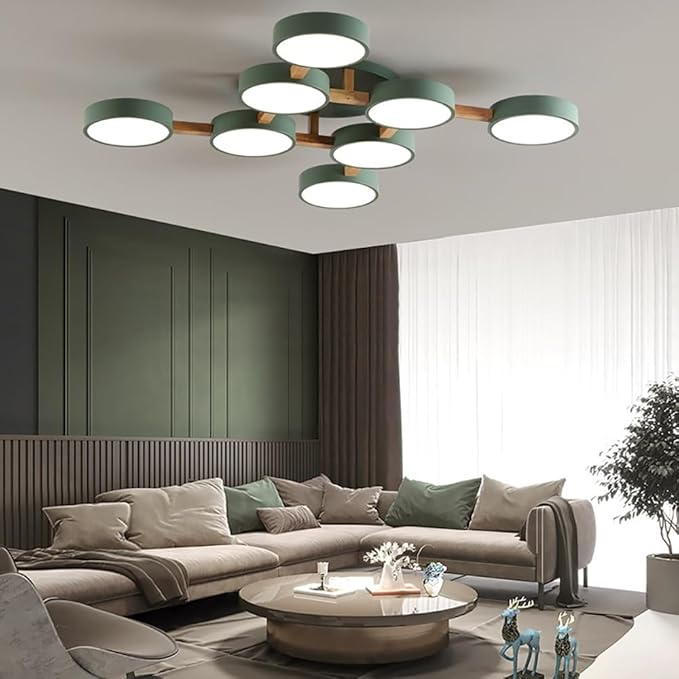 LED Flush Mount Ceiling Light Fixture with 3000K/4000K/6000K Temperatures Selectable,44Inch 96W Chandelier Modern Wood Ceiling Lamp for Bedroom Kitchen, 8-Lights Indoor Lighting Green Pendant Light