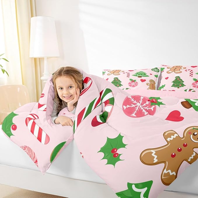 Feelyou Merry Christmas Kids Comforter Set Toddler Size Gingerbread Man Bedding Set Christmas Decor Duvet Quilt for Kids Boys Girls Bedroom New Year Gift Decor Microfiber Ultra Soft Breathable